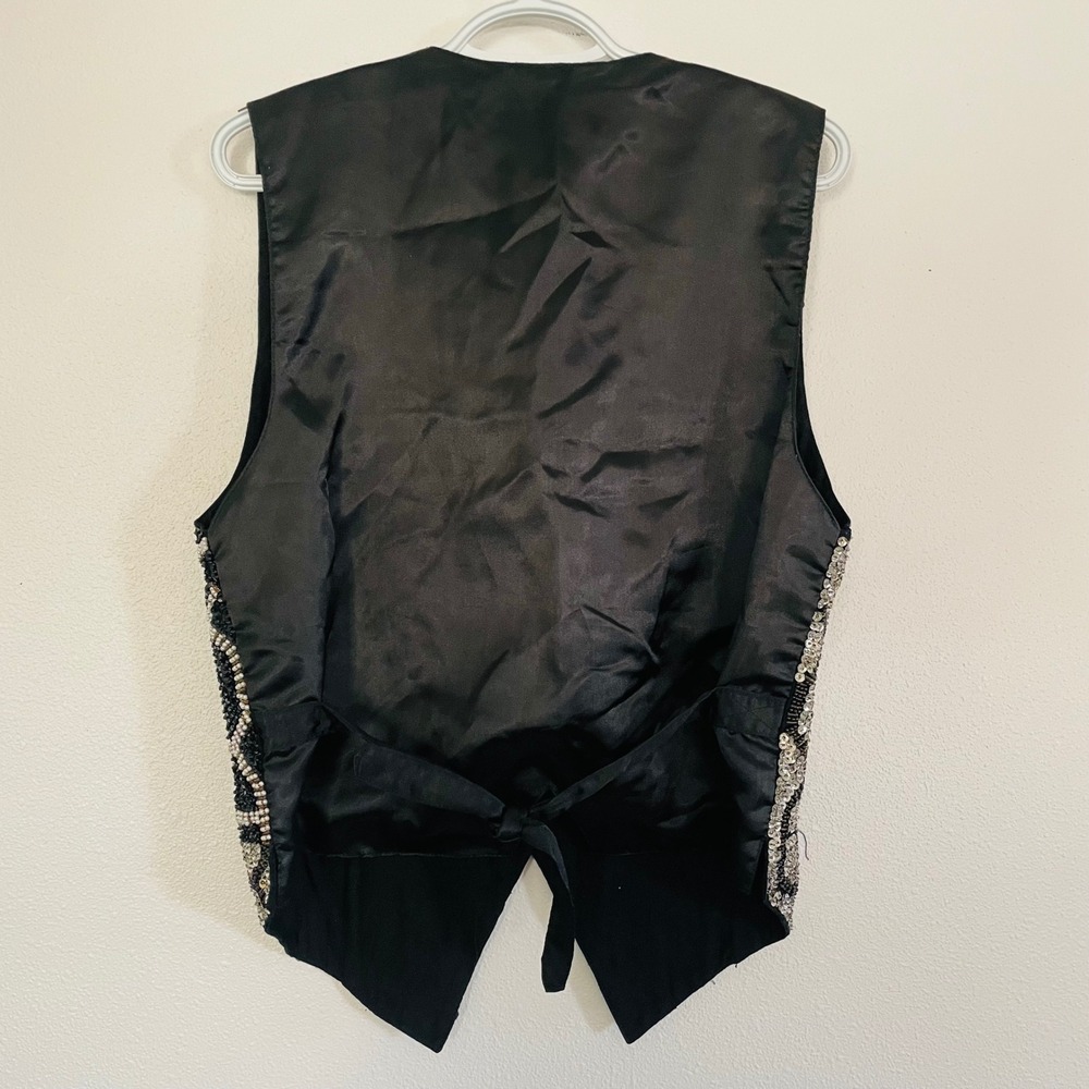 Vtg Theo Beaded Sequin Black Silver Geometric Floral Statement Vest Holiday LG - Picture 3 of 9